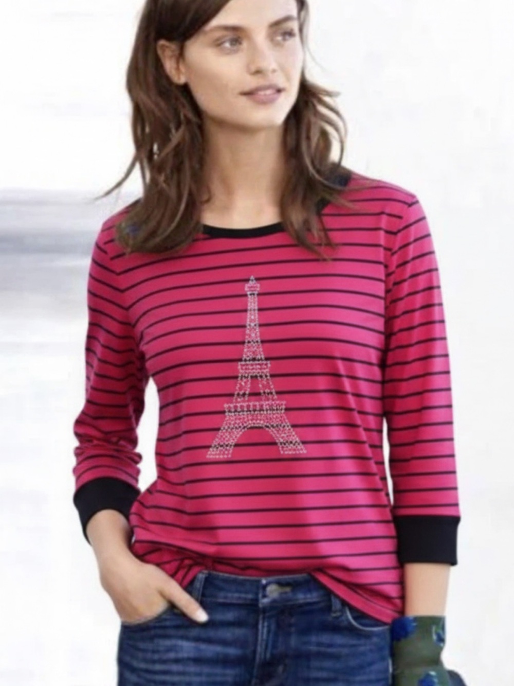 Alia Pink Black Striped Eiffel Tower Rhinestone 3/4 Sleeve Top Petite Large